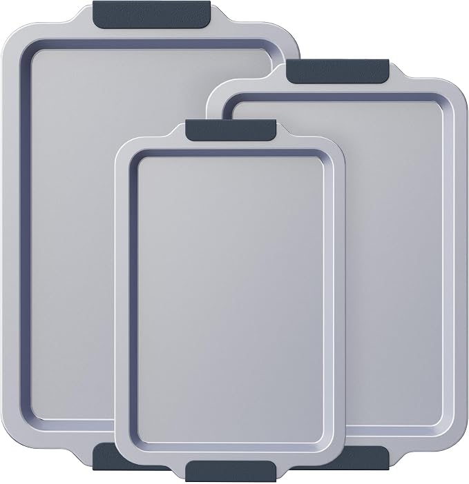 BRONYPRO Non Stick Ceramic Baking Sheet Pan Set of 3, Non Toxic Cookie Sheets (PFOA/PTFE Free), Aluminized Steel Oven Trays with Silicone Handles, Rust-Resistant, Warp-Resistant to 500°F, Blue Gray