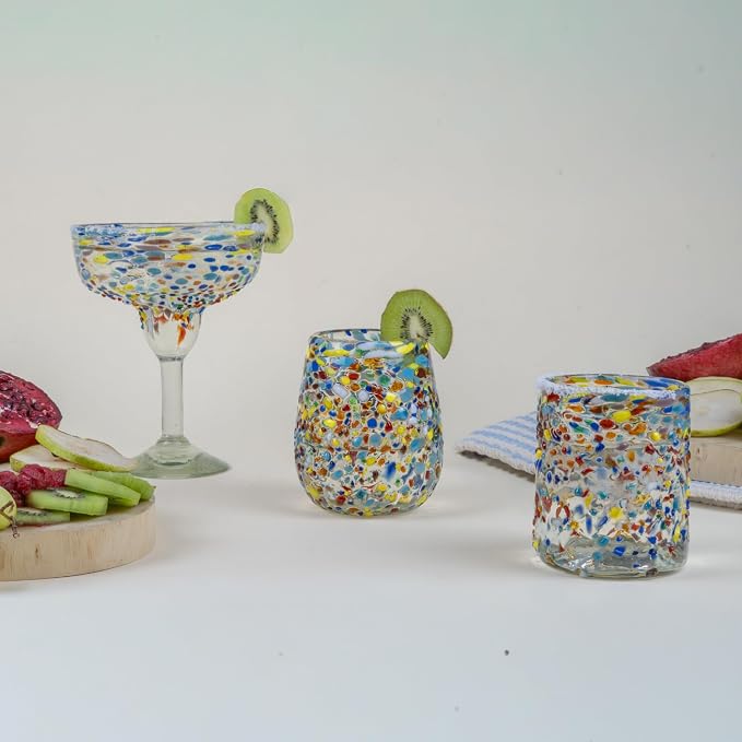 Confetti Dots Hand Blown Margarita Glasses Set of 4 – Colorful Mexican Glassware – 14 oz Recycled Glass Margarita Glass – Hand blown Mexican Drinking Glasses for Cocktails & Tequila