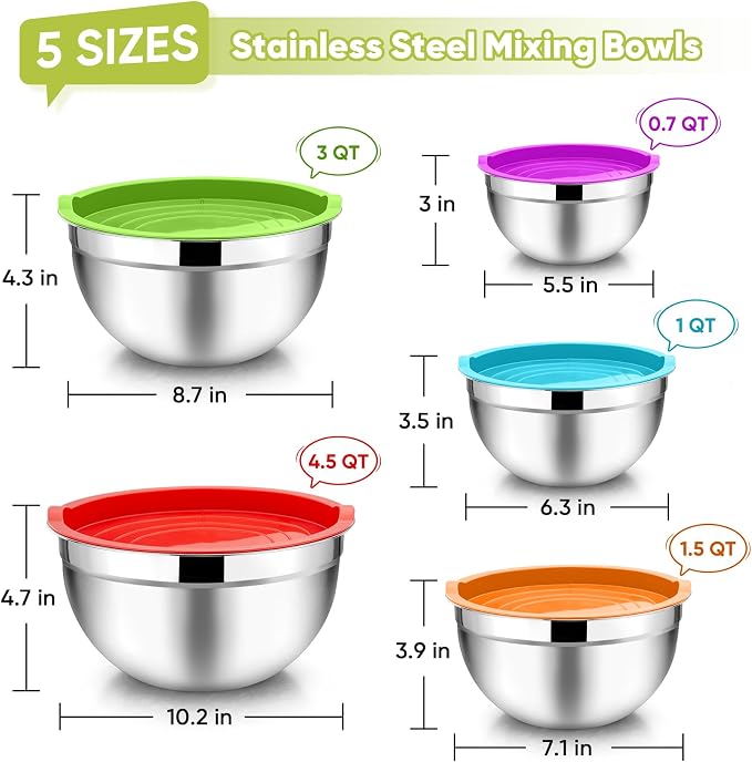 TeamFar Mixing Bowls Set of 5, Stainless Steel Metal Salad Bowls with Lids | 4.5/3/1.5/1/0.7 QT, Nesting Bowls for Mixing Prepping Serving, Non-Toxic & Sturdy, Airtight Lid & Easy Clean, Multi-Color
