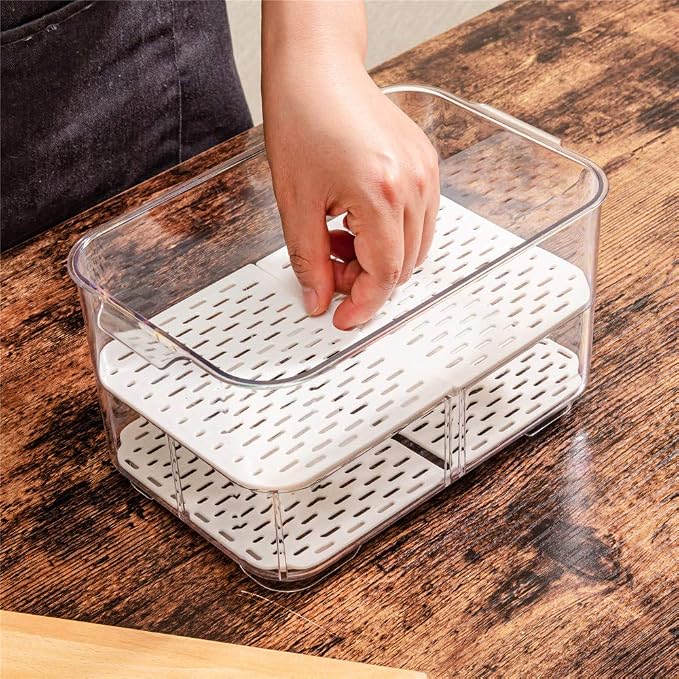 SANNO Vegetable Fruit Storage Containers, Refrigerator Storage Containers Fresh Produce Saver with Lids and Vents,Stackable Salad Lettuce Keeper for Refrigerator,BPA-free Stay Fresh Containers Bin