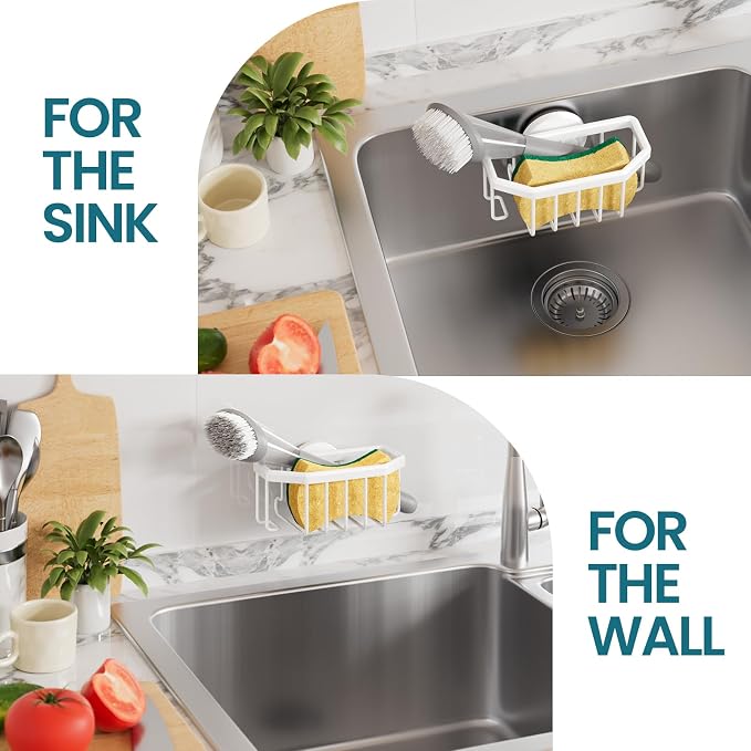 TAILI Sponge Holder for Kitchen Sink with Suction Cup-White, Aluminum | Rustproof Aluminum Sink Caddy for Sponges,Brushes,Stoppers & Scrapers,Removable Ventilated Quick-dry Design, holds Up 11lbs
