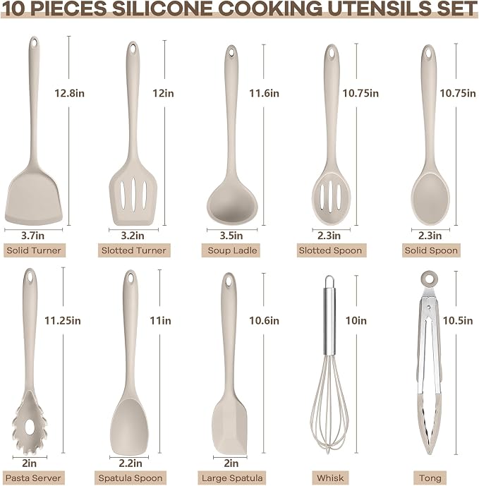 TeamFar Silicone Cooking Utensils, 10 pcs Kitchen Cooking Utensils Set | Heat Resistant Kitchen Gadgets Tools Set w/Spatula, Turners, Spoons, Soup Ladle, Pasta Server for Nonstick Cookware, Khaki