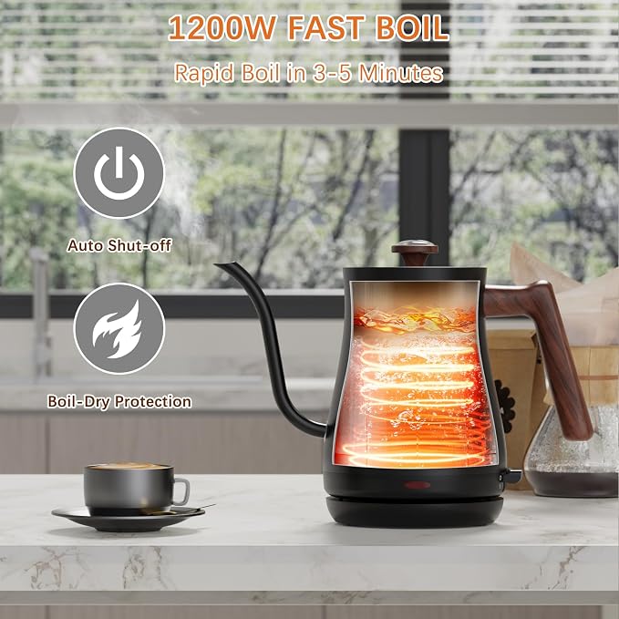 Anfilank Gooseneck Electric Kettle with Thermometer, 0.8L Small Electric Tea Kettle, 1200W Fast Heat, Precision Pour for Coffee & Tea, Auto Shut Off & Dry Boil Protection, Stainless Steel