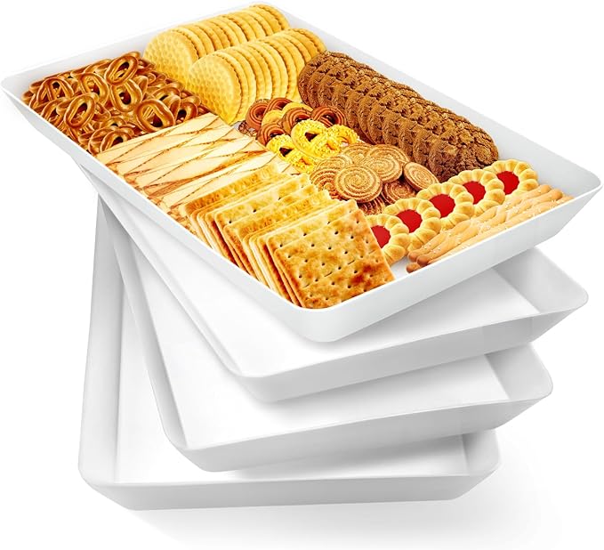WOWBOX 4-Pack Reusable Plastic Serving Trays for Snacks, Fruit and Parties | Kitchen Pantry Organization, Grilling Prep, Food Presentation, Everyday Dining, Holiday Hosting and Outdoor Entertaining