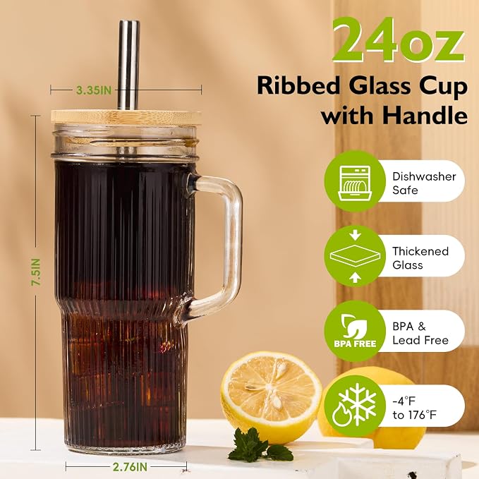 JunVpic Glass Tumbler, 24 oz Ice Coffee Cups with Bamboo Lid and Handle | Stainless steel straws and cleaning brushes, Ribbed design for iced coffee, smoothies, tea and daily drinks