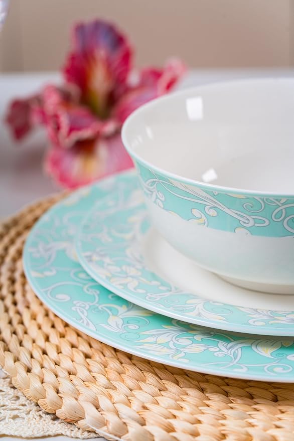 FHGNYSM 12-Piece Porelain Dinnerware Set, Light Green | 12-Piece Plates and Bowls set, Chip and Scratch Resistant, Microwave Safe, Dishwasher Safe, Home Restaurant Use