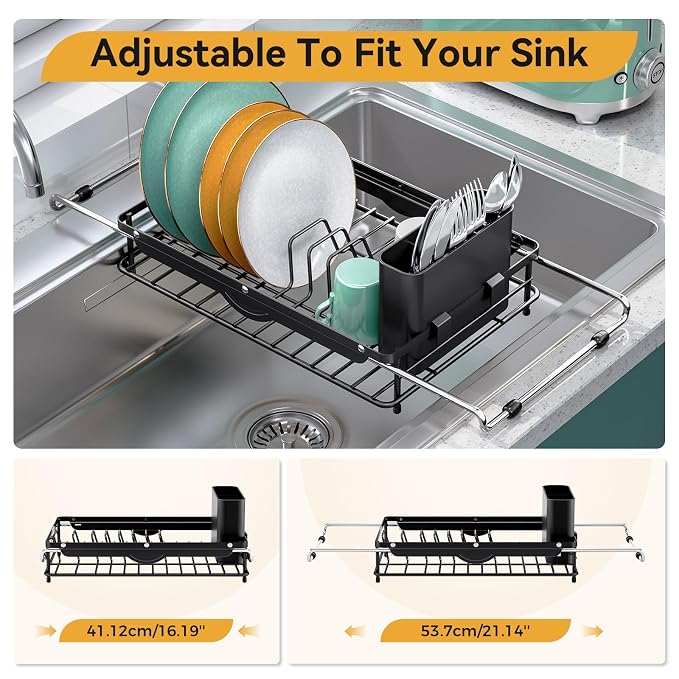TOOLF Sink Small Dish Drying Rack with Utensil Holder for RV, Apartment | Over Sink Expandable Stainless Steel Dish Drainers for Compact Kitchen, Space Saving, Fast Drain, Rustproof, For 1-2 people