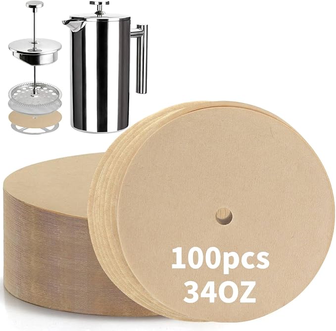 100 Pcs Disposable Paper Coffee Filters for Secura French Press 34 Oz | Perforated Unbleached Filter Paper, No Extra Paper Taste, Boost Balanced Coffee Extraction, Biodegradable Material