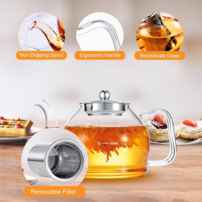 STNTUS Glass Teapot With Infuser, 27 oz / 800 ml for Loose Tea, Stainless Steel Strainer Teapots, Stovetop Safe