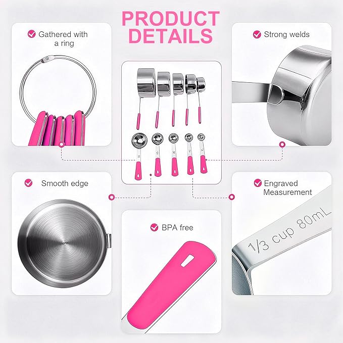 Bopei Measuring Cups and Spoons Set Stainless Steel 10 Piece for Cooking and Baking (5 Cups + 5 Spoons, Pink Handle)