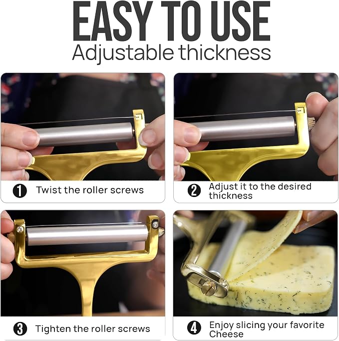 Zulay Kitchen Cheese Slicer With Adjustable Thickness – Heavy Duty Block Slicer with 2 Extra Wires – Ideal for Mozzarella, Cheddar, Gouda - Gold