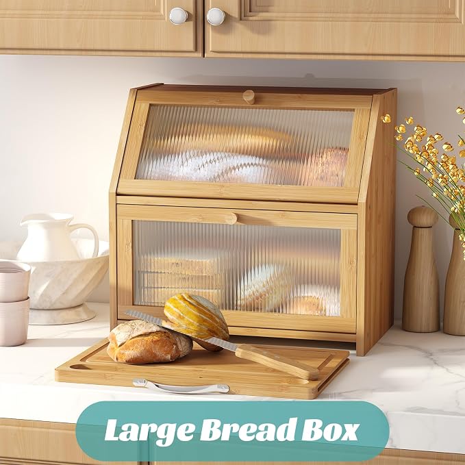 Extra Large Bread Box with Cutting Board Bamboo Wood Bread Box for Kitchen Counter, Double Layer Large Capacity Bread Storage Bin with Acrylic Wavy Door Panel (Natural)