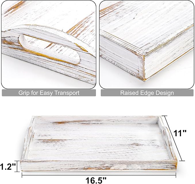 2 Pack Wood Serving Tray, 16.5" Ottoman Wooden Trays for Coffee Table, Farmhouse Vintage Decorative Tray Platter with Cutout Handle for Eating, Breakfast, Rectangle, 16.5" L x 11" W