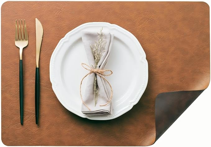 Placemats Set of 12, DOLOPL Reversible Dual-Color Faux Leather Place Mats 17"x11.8"– Waterproof, Heat Resistant, Washable & Wipeable, Luxury Retro Style for Kitchen Dining Table(Reddish Brown & Brown)