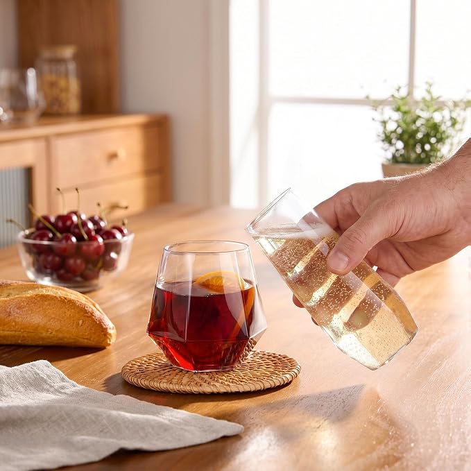 BESTSTAR 24 Pack Clear Plastic Wine Glasses Set,BPA-Free Shatterproof | 12 9 OZ Stemless Champagne Flutes & 12 12OZ Diamond Wine Whiskey Glasses,Clear Drinkware for Weddings, Parties & Events