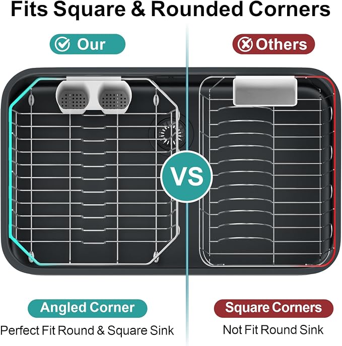 Small in Sink Dish Drying Rack - Stainless Steel for RV Kitchen | Compact Design, Rust-Resistant, Angled Corners Fit Square & Round Sinks, Removable Utensil Holder, Cup Hooks, 13.1"W x 14.4"L