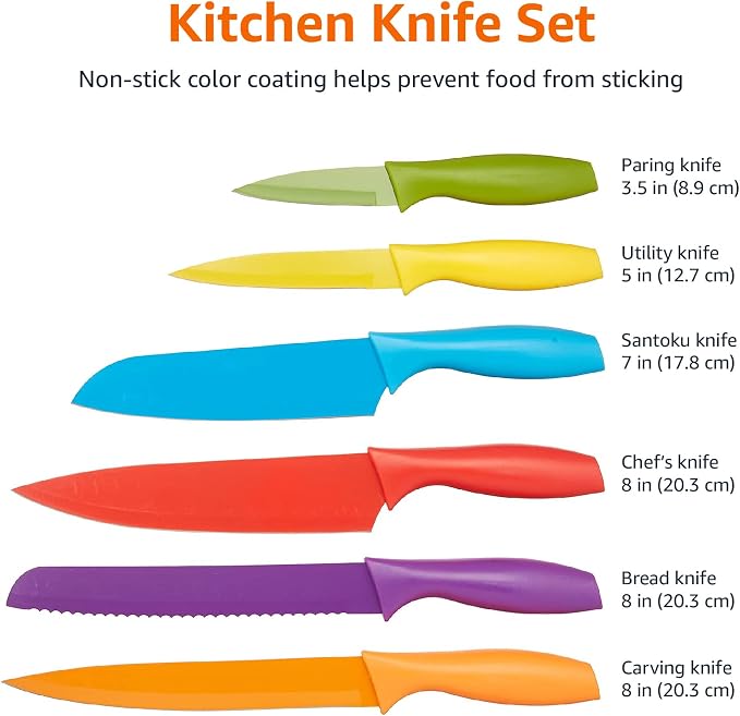 Amazon Basics Color-Coded Dishwasher Safe Kitchen Knife Set, 12-Piece with Ergonomic Handles, Non-stick Sharp Blades, 6 Knives with 6 Blade Guards, Multicolor, 13.88 x 4.13 x 1.38 inch