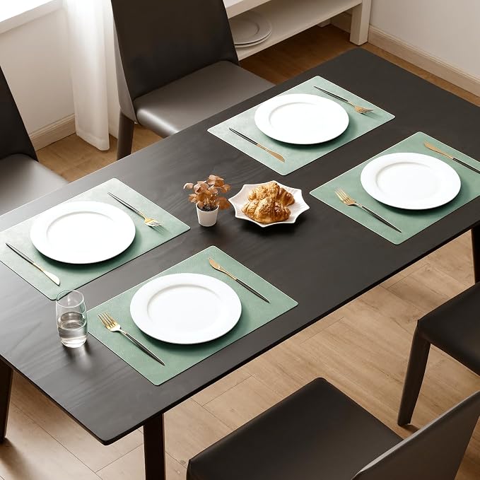 MOSAYT Vinyl Placemats Set of 4-12 X 17 Inch - Faux Leather 100% Waterproof Oil-Proof Wipeable PU Place Mats, Heat Resistant Reversible Table Mats for Kitchen, Dining, Outdoor, Green
