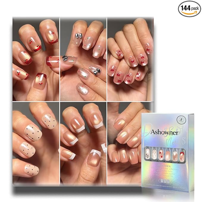 6 Packs (144 Pcs) | Reusable Press on Nails | cute nails | 6-Style Bundle | 12 Sizes | Each Style 24 Pcs | Micro Dot & Cherry