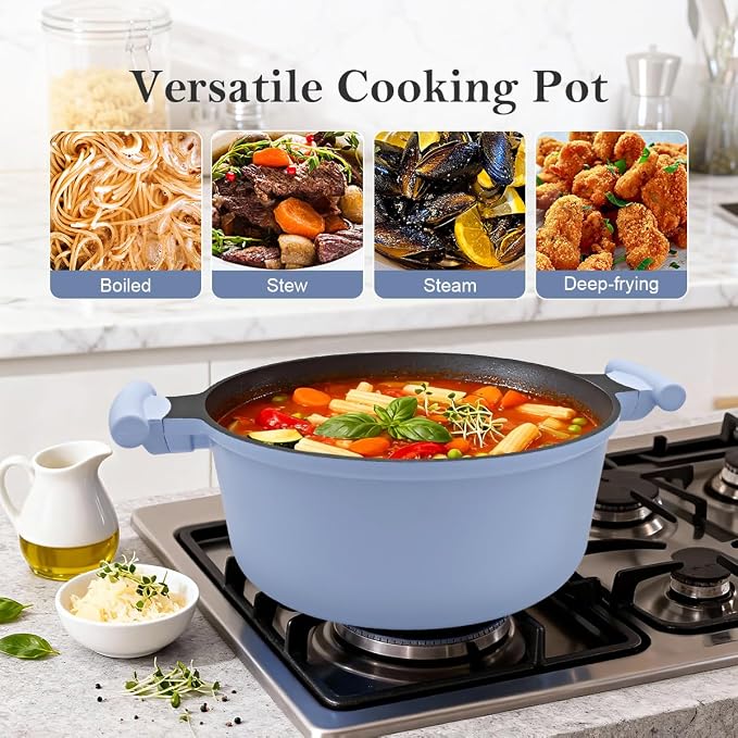 7 Qt Nonstick Stock Pot with Lid, Large Soup Pot with Stay-Cool Handle,Blue | Lightweight & Durable, Suitable for All Stoves, Including Induction, PTFE & PFAS & PFOA Free