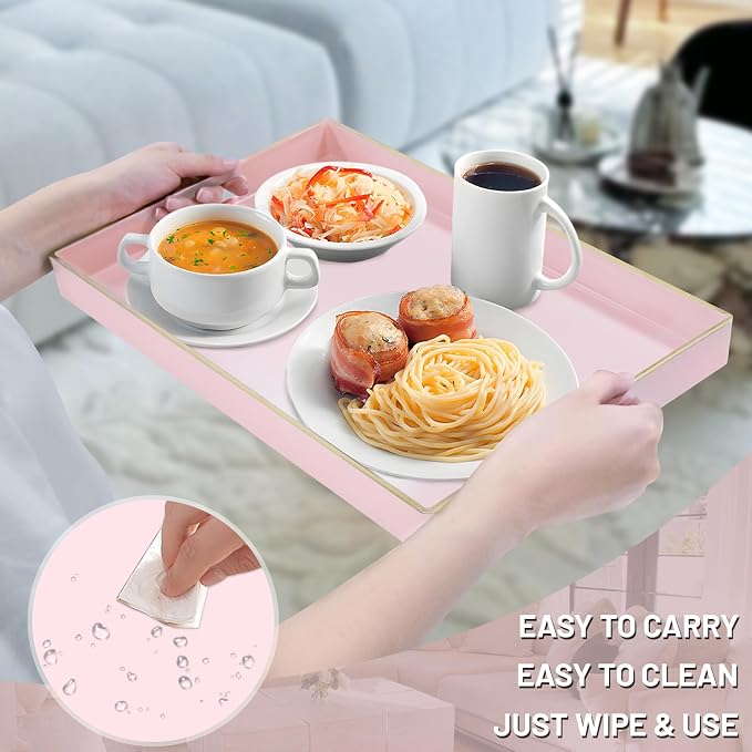 Pink Serving Tray with Handles, Plastic Decorative Tray Set of 2 | Pink Decorative Tray for Coffee Table, Modern Ottoman Tray, Rectangle Melamine Tray for Living Room, 15.8"L x 10.2"W x 1.4"H