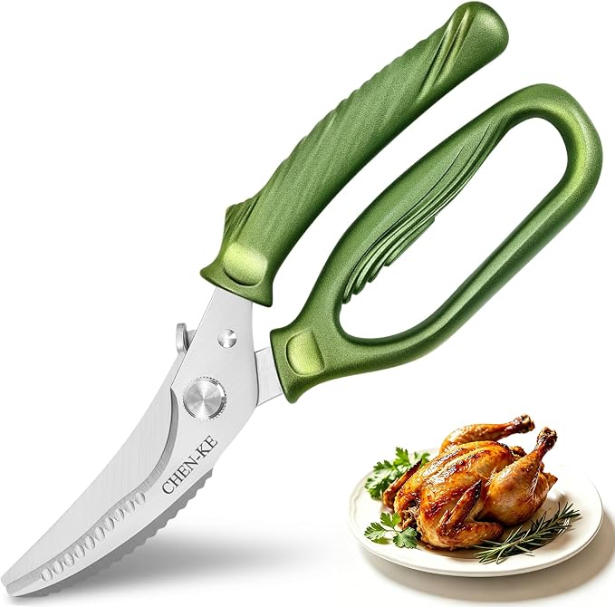 CHEN-KE Rust Resistant Heavy Duty Multipurpose Kitchen Shears-Green | Stainless Steel Kitchen Scissors, One-Hand, Ergonomic Grip, Sharp Durable Poultry Scissors for Chicken, Meat, Food Cutting