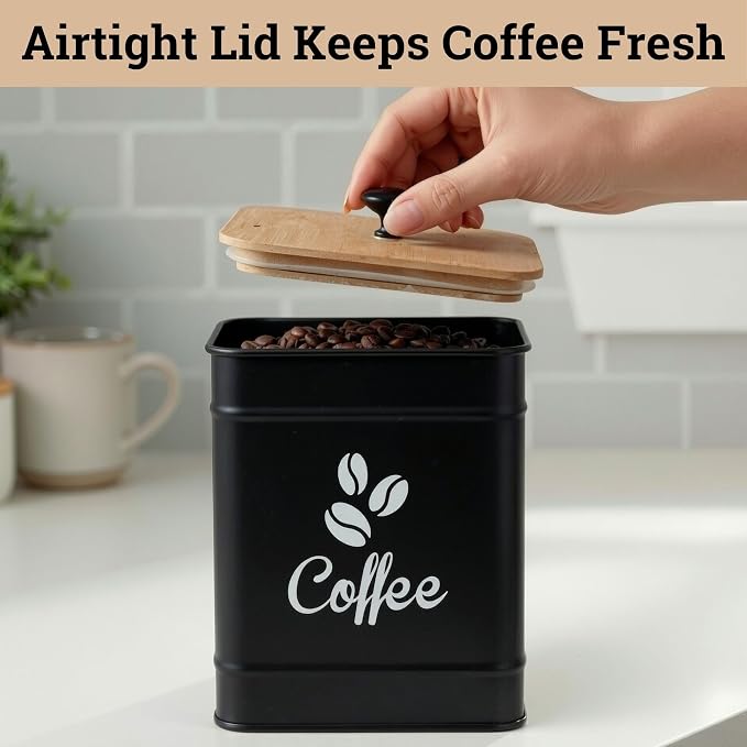 Airtight Coffee Canister 40 oz, 6"x 8" Metal Jar w/ Rubber-Lined Bamboo Lid | 40oz Large Iron, Airtight Coffee Container, Bamboo Lid, Stylish Countertop Container for Coffee Grounds, Beans, Pods & More