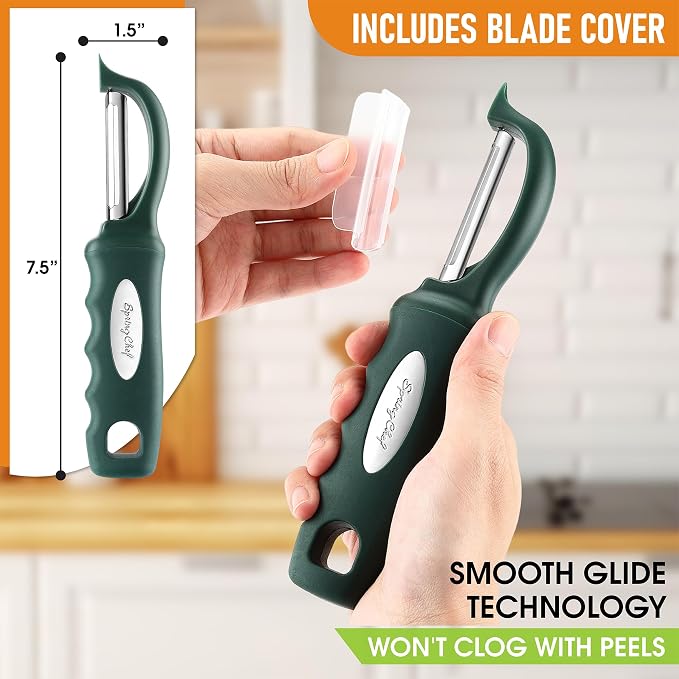 Spring Chef Swivel Potato Peeler w/Soft Grip Handle, Set of 2, Pine Green | Premium Vegetable Peeler w/ Sharp Stainless Steel Blades, Multifunctional Food Peeler for Apple, Carrot, Cucumber, Fruit