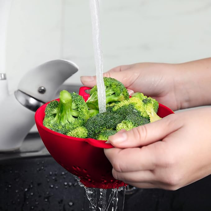 Meadow Lane 6-Inch Small Colanders, 3-Cup Food Strainers, Red/Blue, 2-Pack | BPA-free, dishwasher-safe mini colander has a wide, shallow bowl, 1/8-inch holes, two handles, ring foot and smooth edges.