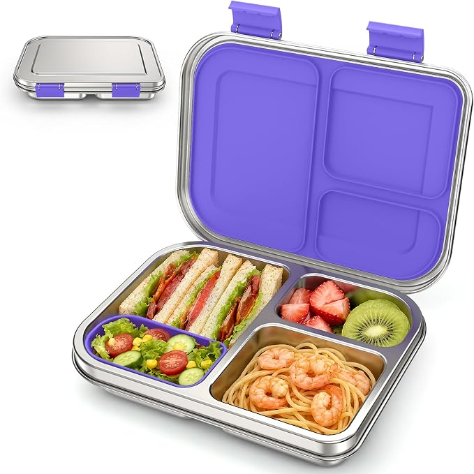 BABHAMNESS Stainless Steel Bento Box Kids, 3 Compartments Leak Proof Metal Bento Lunch Box, 304 Stainless Steel Bento Lunch Containers for School and Office,Dishwasher Safe, BPA-Free-Purple