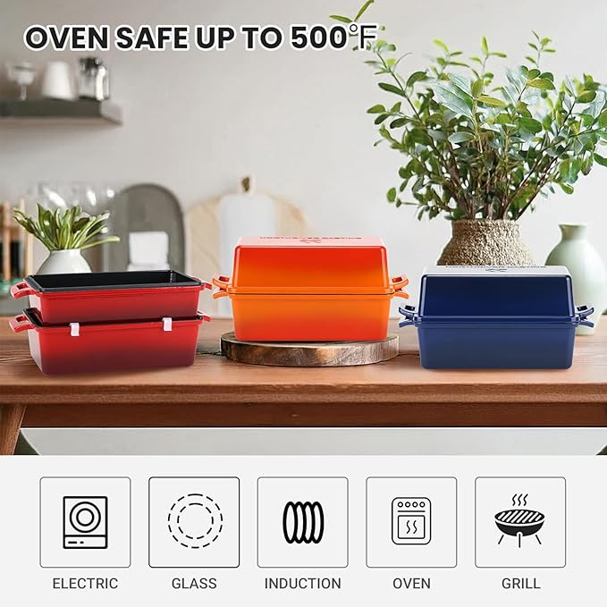 Northriver Casting Enameled Cast Iron Loaf Pan with Lid, Best Bread Oven, Bread Loaf Pans for Baking Homemade Sourdough Bread 9x5, 2 Piece set, Flame