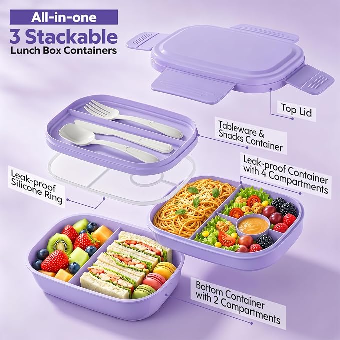 HOMETALL Bento Box Adult with Insulated Lunch Bag - 3 Stackable Leak-Proof Lunch Box Containers for Women & Men - BPA Free Lunchbox with Utensil Set (Spoon, Knife, Fork) for Work, Picnic, Dining Out