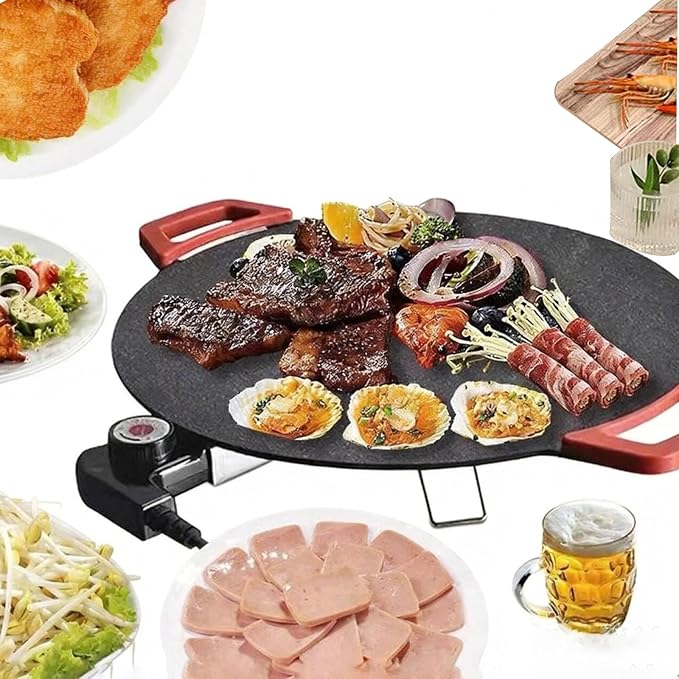 Electric Smokeless Grill, Non-Stick BBQ Griddle with Temperature Control, Round Cooking Surface with Red Handles, Indoor Barbecue Pan for Meat and Seafood (14)