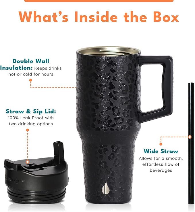 Elemental 100% Leak Proof 32oz Tumbler with Handle & Straw Travel Mug | Stainless Steel Double Wall Insulated Tumbler for Hot and Cold Beverages with Sip & Straw Lid