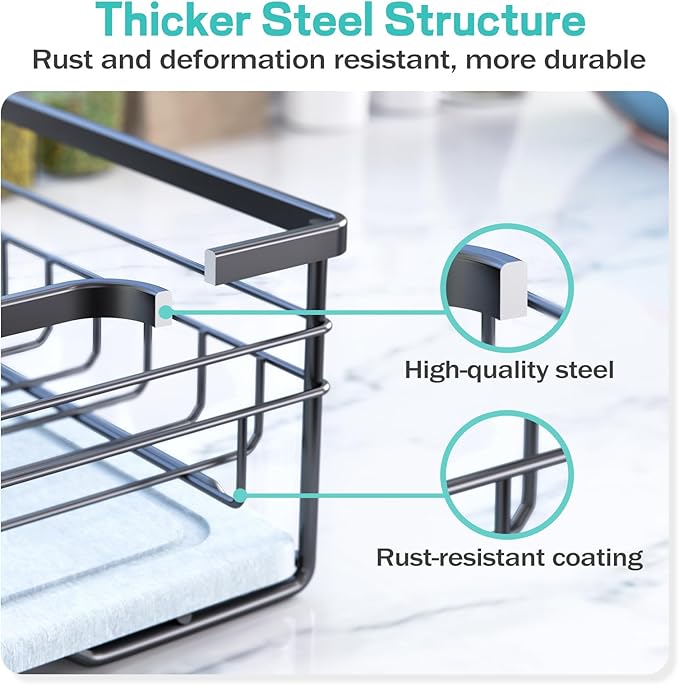 VABNEER Dish Drying Rack with Stone Drying Mat, Quick-Drying/Stainless/Super Sturdy/Space-Saving, Dish Strainers for Kitchen Counter, Escurridor de Trastes para Cocina (Black) | Quick-drying stone mat, sturdy stainless steel frame and space-saving desi...