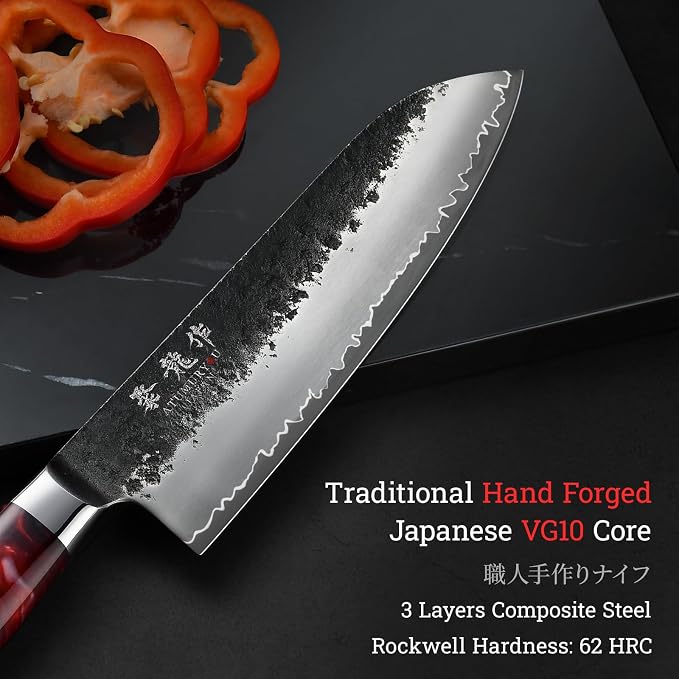 7'' Japanese Santoku Chef Knife, Black Forged 3-Layer VG10 Steel Core | San-Mai Kurouchi Finish, 62 HRC Hradness, Smooth Push Cuts, Balanced Blade Control, Resin Wood Handle, Premium Gift Box