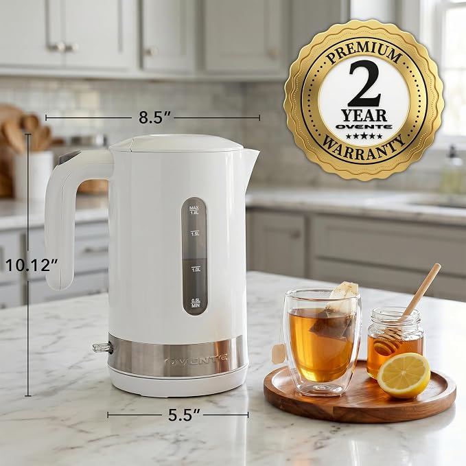 OVENTE 1.8L Electric Kettle with 1500W Fast Boiling Heater, White KP413W | Best For Coffee or Tea, BPA-Free, Easy-Fill Lid, Water Level Window, Auto Shut-Off & Boil-Dry Protection, Removable Filter