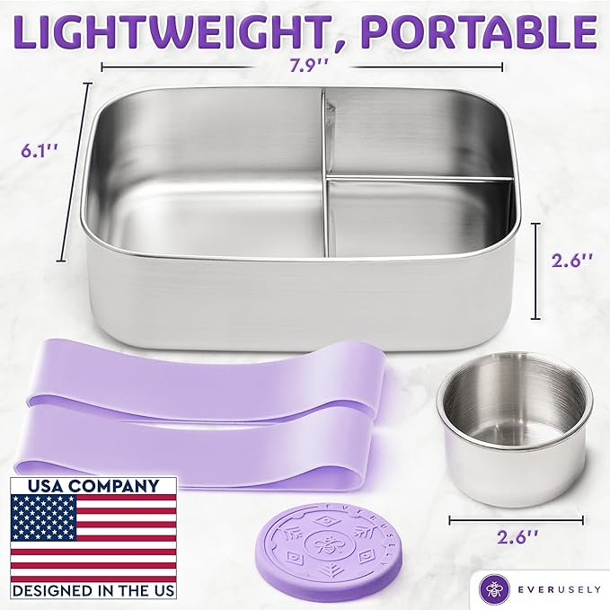 Stainless Steel Bento Box + Condiment Container - Lavender, 47oz / 1.4 L | Everusely large metal lunch box, leakproof sauce container, 3 compartment snack organizer, freezer & dishwasher safe