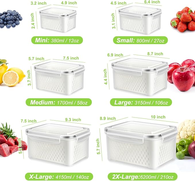 12 Pieces Fruit Storage Containers For Fridge with Removable Colanders | 6 Pack BPA-Free Fresh Food Containers with Airtight Lids Fresh for Fruit Berry Produce Vegetable, Dishwasher & Microwave Safe