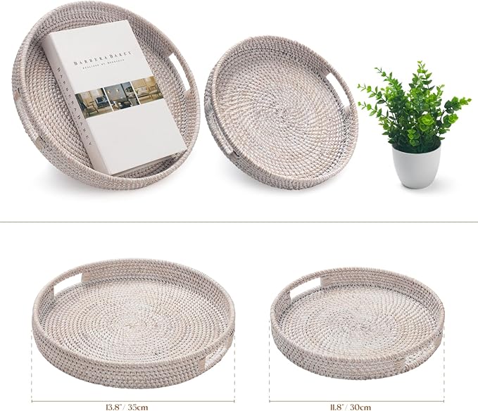13.8 inch Round Rattan Tray, Decorative Coffee Table Tray, Ottoman Tray, Woven Serving Tray with Handles, Wicker Serving Basket, Whitewash