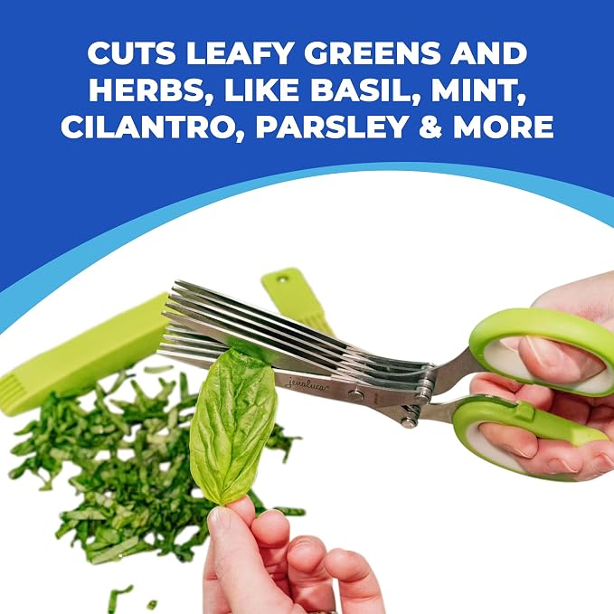 5-Blade Herb Scissors, Stainless Steel Kitchen Shears, Black | Cut & chop fresh herbs & leafy greens efficiently. Perfect salad scissors. Includes cleaning comb & safety cover.