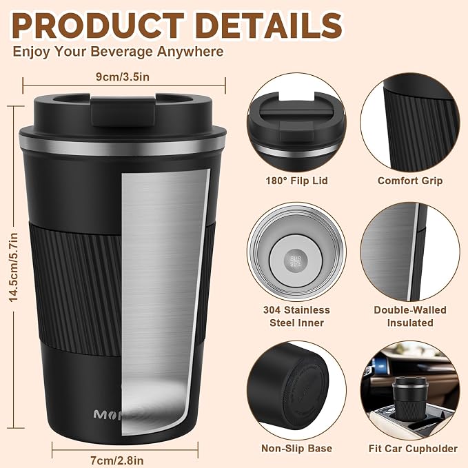 MOMSIV 12oz Travel Coffee Mug, Insulated Coffee Cup with Leakproof Lid | 6-Hour Heat Retention, 360°Leak proof, Vacuum Stainless Steel Double Walled, BPA-free, Reusable And To Go Coffee Mug