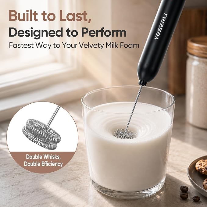 Rechargeable Milk Frother Handheld-2000mAh Battery | Frother Wand with Dual Detachable Whisk Heads, 2 Speeds, IPX6 Waterproof Drink Mixer & Stand for Latte, Cappuccino, Matcha