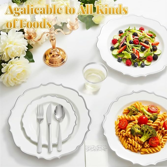 Glowserve 175 Piece Disposable Plastic Plates Dinnerware Set for 25 Guests | 50 Plastic Plates,25 Silverware Set,25 Cups and Napkins,Wedding Birthday,Family Party,Fancy Plastic Plates