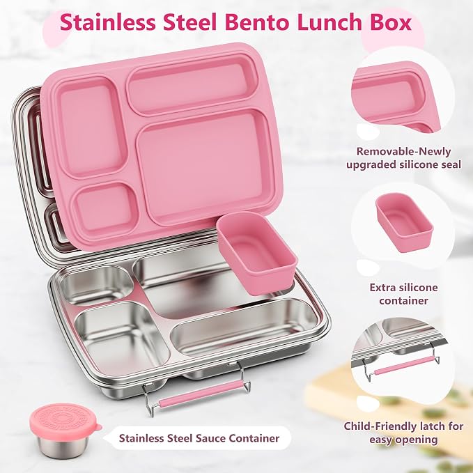 Stainless Steel Bento Lunch Box for Kids & Adults, 4 Compartment Kids Lunch Box, Metal Bento Box with Silicone Container and Stainless Steel Sauce Container,BPA-Free,School,Office(Pink)