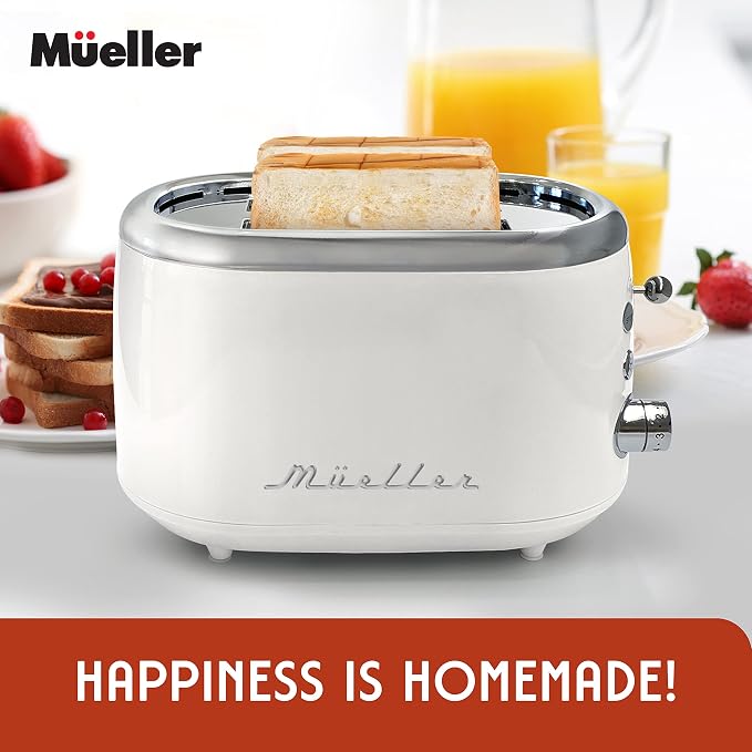 MUELLER HOME Retro Toaster 2 Slice, 7 Browning Levels | 3 Functions (Reheat, Defrost, Cancel), Stainless Steel Features, Removable Crumb Tray, Under Base Cord Storage, White