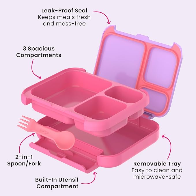 Bentgo Kids Stow & Go Leak-Proof Lunch Box with Built-In Utensil | 3.5-Cup Capacity, Removable Tray, Portion-Perfect Compartments for Kids and Teens, 2-in-1 Spoon & Fork (Lilac Pink)