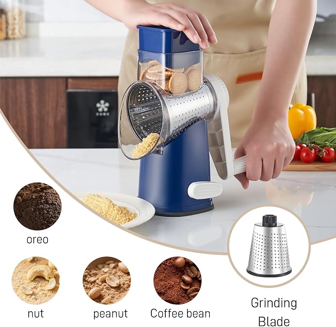 Weltonhm 4 in 1 Large Rotary Cheese Grater Hand Crank (Blue, 4 Graters) | Cheese Shredder Rotary and Slicer with 4 Stainless Steel Blades for Vegetables, Veggie and Cheese, Stronger Suction Base