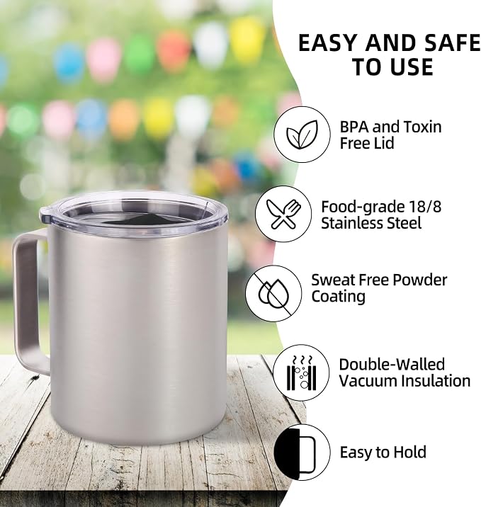 Volhoply 14oz Insulated Stainless Steel Coffee Mug with Lid Bulk 4 Pack,Double Wall Vacuum Travel Coffee Cup with Handle,Reusable Metal Cups Tumbler,Camping Mugs Keep Hot,Ideal Gifts(Silver,4)