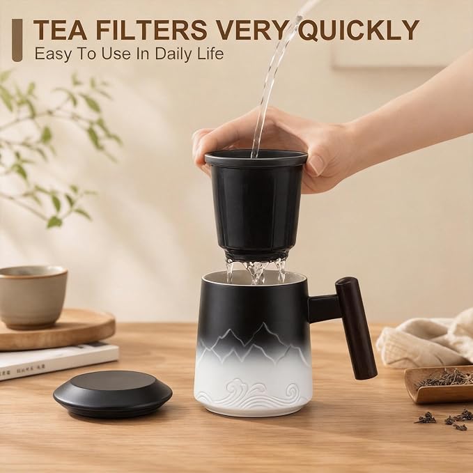 Tea Cup with Infuser and Lid, White & Black | 14oz Ceramic Tea Mug with Lid, Loose Leaf Tea Steeper Cup with Wood Handle for Tea Lovers Gifts